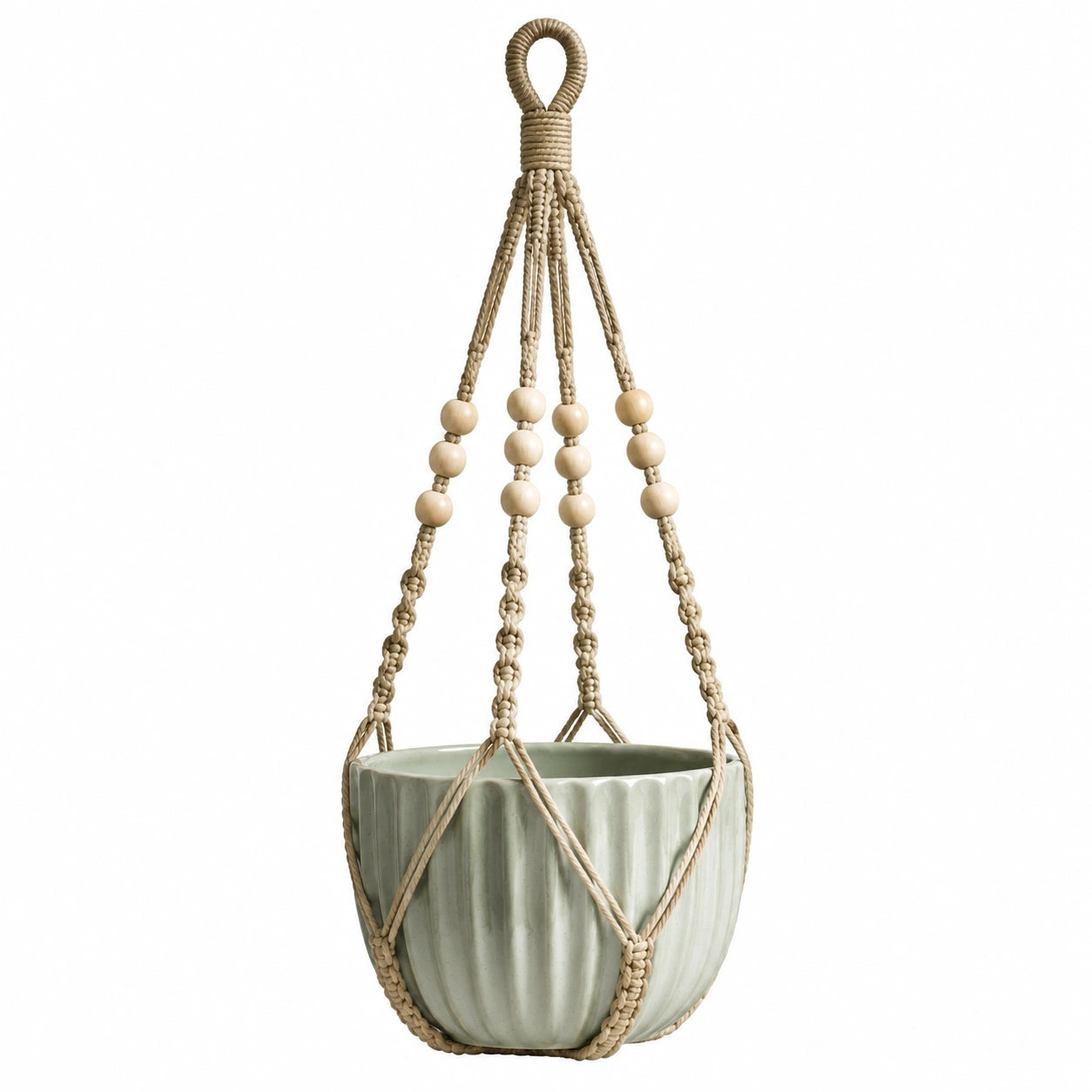 Hängeblumentopf 18 cm Keramik Beige Salbeigrün mit Makramee Aufhängung für Innenräume