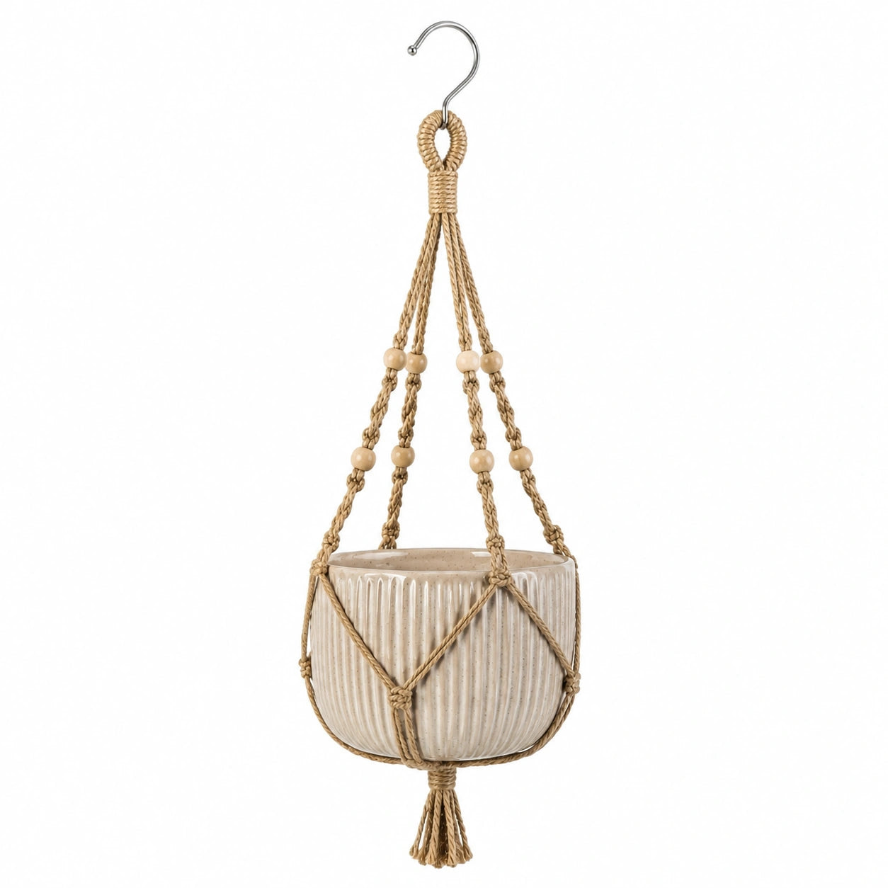 Hängeblumentopf 16 cm Keramik Beige mit Makramee Aufhängung für Innenräume