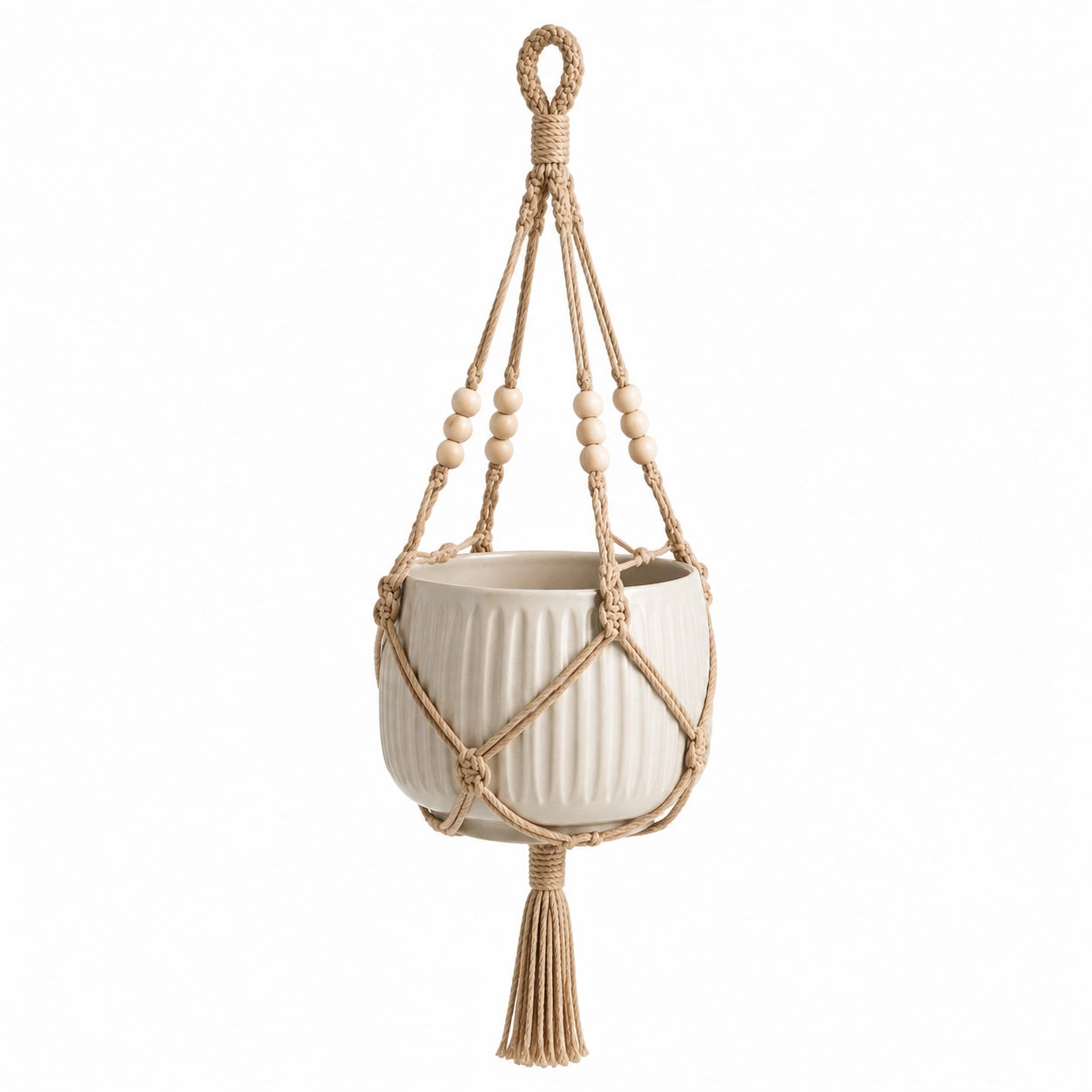 Hängepflanztopf 18 cm Keramik Creme mit Baumwollseil Boho Stil