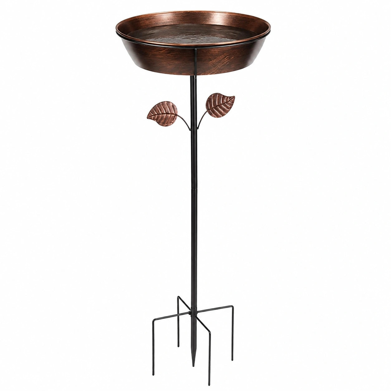 Vogelbad 32 cm Metall Kupferbraun für Garten - Erdspieß mit Dekorblättern