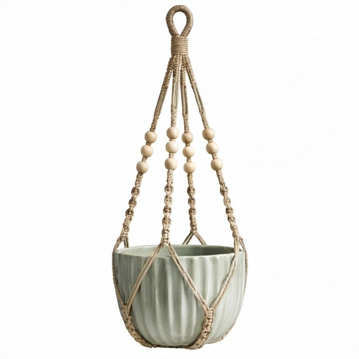 Hängeblumentopf 18 cm Keramik Beige Salbeigrün mit Makramee Aufhängung für Innenräume