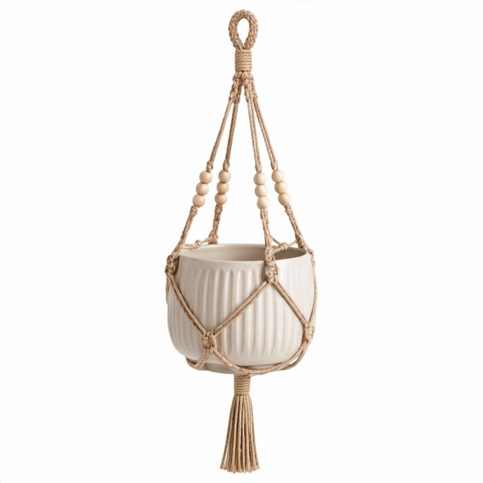 Hängepflanztopf 18 cm Keramik Creme mit Baumwollseil Boho Stil