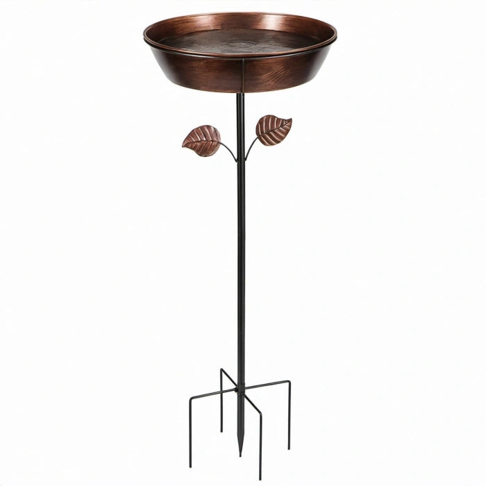 Vogelbad 32 cm Metall Kupferbraun für Garten - Erdspieß mit Dekorblättern